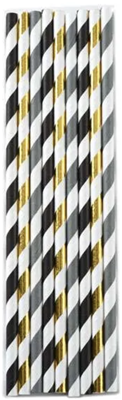 Norporo Gold, Silver, and Black Stripes Paper Party Straws - 100 Count